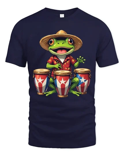 Happy Frog Drummer Tropical Music Cartoon Graphic Tshirt - navy t-shirt on white background