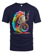 Psychedelic Wizard Bicycle Rainbow Fantasy Art Graphic Tshirt - navy t-shirt on white background
