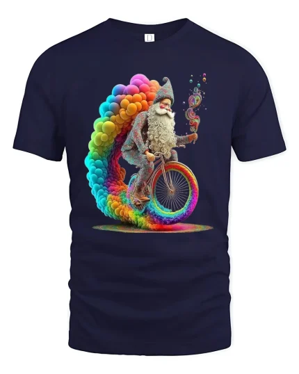 Psychedelic Wizard Bicycle Rainbow Fantasy Art Graphic Tshirt - navy t-shirt on white background