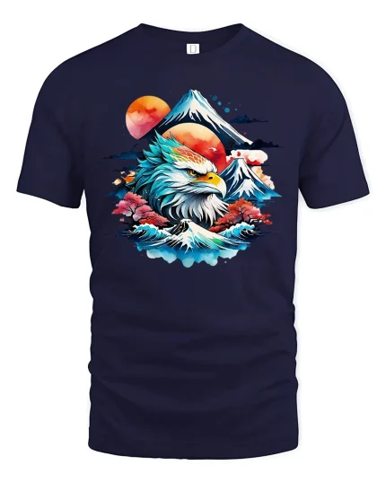 Majestic Eagle Mountain Sunrise Nature Art Graphic Tshirt - navy t-shirt on white background