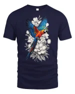 Vibrant Parrot Floral Art Nature Inspired Graphic Tshirt - navy t-shirt on white background