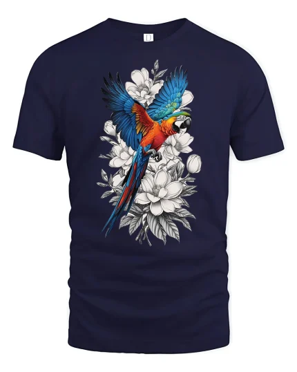 Vibrant Parrot Floral Art Nature Inspired Graphic Tshirt - navy t-shirt on white background