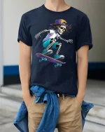 Skateboarding Skeleton Street Style Graphic Tshirt Art - model wearing navy tee with hands in pockets