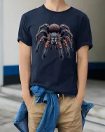Realistic Tarantula Dark Nature Art Graphic Tshirt - model wearing navy tee with hands in pockets