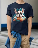 Cute Sleeping French Bulldog Puppy Cozy Art Graphic Tshirt - model wearing navy tee with hands in pockets