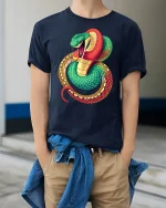 Fierce Coiled Snake Colorful Wildlife Art Graphic Tshirt - model wearing navy tee with hands in pockets