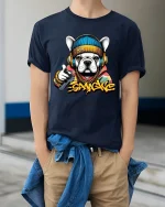 Gangster Bulldog Street Art Urban Vibes Graphic Tshirt - model wearing navy tee with hands in pockets