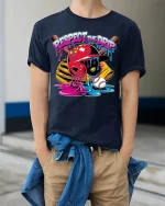 Respect The Drip Baseball Street Art Graphic Tshirt Style - model wearing navy tee with hands in pockets