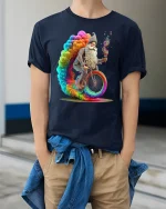 Psychedelic Wizard Bicycle Rainbow Fantasy Art Graphic Tshirt - model wearing navy tee with hands in pockets