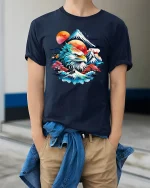 Majestic Eagle Mountain Sunrise Nature Art Graphic Tshirt - model wearing navy tee with hands in pockets