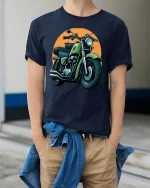 Vintage Motorcycle Rider Spirit Classic Bike Art Graphic Tshirt - model wearing navy tee with hands in pockets