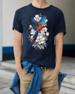 Vibrant Parrot Floral Art Nature Inspired Graphic Tshirt - model wearing navy tee with hands in pockets