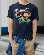 Respect The Drip Baseball Glove Street Art Graphic Tshirt - model wearing navy tee with hands in pockets