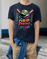 Drip Strong Baseball Street Art Graphic Tshirt Design - model wearing navy tee with hands in pockets