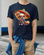 Cute Sombrero Dog Mexican Fiesta Art Graphic Tshirt - model wearing navy tee with hands in pockets