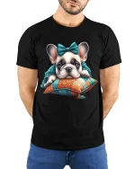 Cute Sleeping French Bulldog Puppy Cozy Art Graphic Tshirt - model wearing black tee with hands behind back