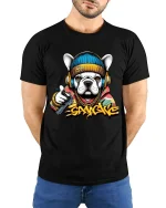 Gangster Bulldog Street Art Urban Vibes Graphic Tshirt - model wearing black tee with hands behind back