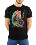 Psychedelic Wizard Bicycle Rainbow Fantasy Art Graphic Tshirt - model wearing black tee with hands behind back