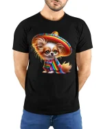 Cute Sombrero Dog Mexican Fiesta Art Graphic Tshirt - model wearing black tee with hands behind back