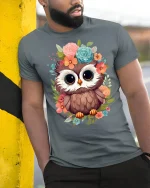 Cute Floral Owl Big Eyes Whimsical Art Graphic Tshirt - model wearing grey tee, leaning on column