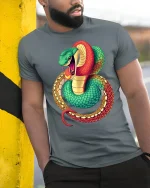 Fierce Coiled Snake Colorful Wildlife Art Graphic Tshirt - model wearing grey tee, leaning on column