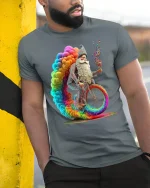 Psychedelic Wizard Bicycle Rainbow Fantasy Art Graphic Tshirt - model wearing grey tee, leaning on column