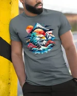 Majestic Eagle Mountain Sunrise Nature Art Graphic Tshirt - model wearing grey tee, leaning on column