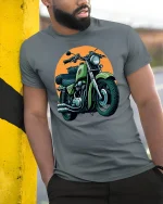 Vintage Motorcycle Rider Spirit Classic Bike Art Graphic Tshirt - model wearing grey tee, leaning on column