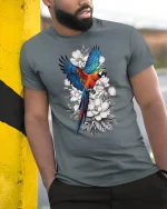 Vibrant Parrot Floral Art Nature Inspired Graphic Tshirt - model wearing grey tee, leaning on column