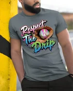 Respect The Drip Baseball Glove Street Art Graphic Tshirt - model wearing grey tee, leaning on column