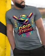 Drip Strong Baseball Street Art Graphic Tshirt Design - model wearing grey tee, leaning on column