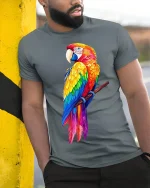 Vibrant Rainbow Parrot Tropical Art Graphic Tshirt - model wearing grey tee, leaning on column