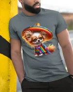 Cute Sombrero Dog Mexican Fiesta Art Graphic Tshirt - model wearing grey tee, leaning on column