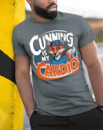 Cunning Is My Cardio Funny Fox Fitness Graphic Tshirt - model wearing grey tee, leaning on column