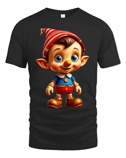 Cute Wooden Elf Doll Cartoon Tshirt Soft Graphic Smile Art - black t-shirt on white background