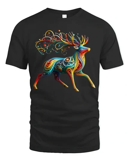 Colorful Abstract Deer Art Tshirt Vibrant Creative Flow - black t-shirt on white background