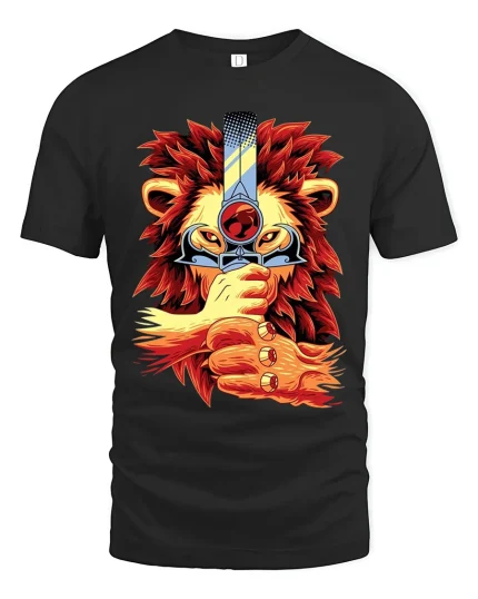 Fierce Lion Warrior Sword Art Tshirt Bold Courage Energy - black t-shirt on white background