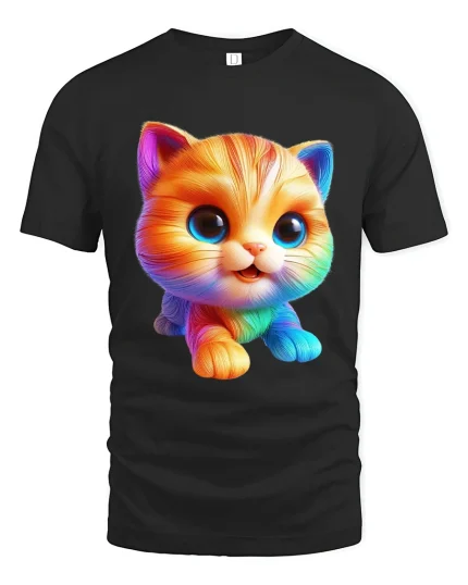 Cute Rainbow Kitten Cartoon Tshirt Adorable Happy Color Vibes - black t-shirt on white background
