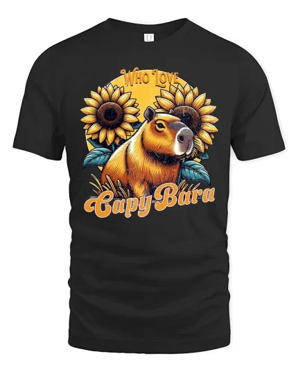 Cute Capybara Sunflower Art Tshirt Happy Nature Lover Vibes - black t-shirt on white background