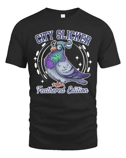 City Slicker Pigeon Cartoon Tshirt Funny Urban Street Style - black t-shirt on white background