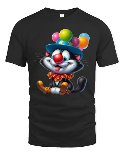 Funny Clown Cat Cartoon Tshirt Cute Circus Happy Vibes - black t-shirt on white background