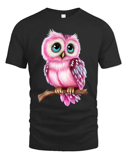 Cute Pink Owl Cartoon Tshirt Adorable Sweet Cozy Vibes - black t-shirt on white background