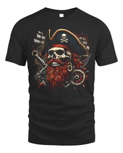 Fierce Pirate Skull Captain Art Tshirt Dark Ocean Power - black t-shirt on white background