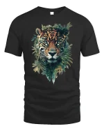 Majestic Leopard Jungle Art Tshirt Fierce Wild Nature Power - black t-shirt on white background
