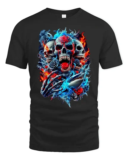 Dark Flame Skull Art Tshirt Fire Ice Chaos Graphic Power - black t-shirt on white background