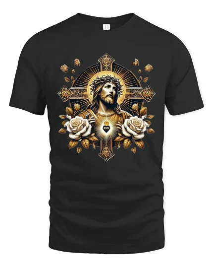 Sacred Heart Jesus Cross Art Tshirt Golden Faith Spiritual Style - black t-shirt on white background