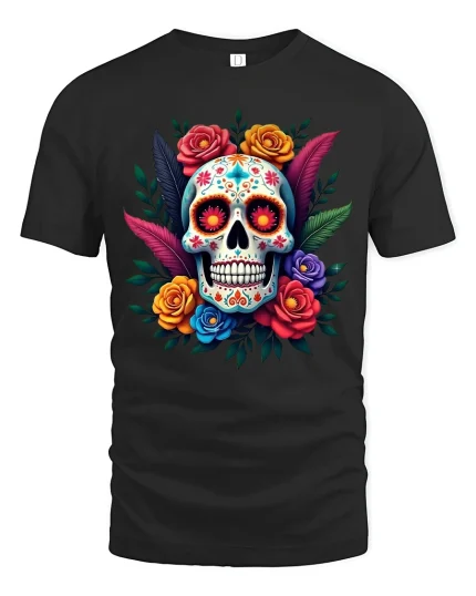 Colorful Sugar Skull Floral Art Tshirt Bold Day Of Dead Style - black t-shirt on white background