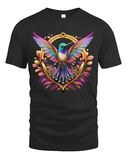 Colorful Hummingbird Floral Art Tshirt Vibrant Freedom Energy - black t-shirt on white background