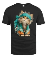 Adorable Boho Kitten Illustration Tshirt Cute Whimsical Style - black t-shirt on white background