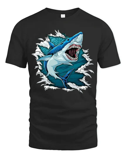 Fierce Great White Shark Graphic Tshirt Powerful Ocean Energy - black t-shirt on white background